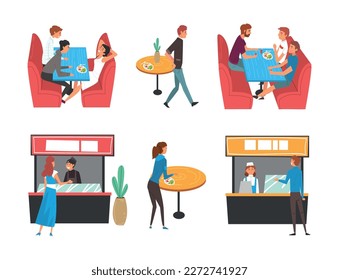 People sitting at tables and eating fast food set. People selling and buying meal at food court in shopping mall or business center cartoon vector