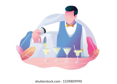 people sitting at tables in large hall and eating and vendors staying at counters. Men and women having lunch or dinner at food court. Colorful vector illustration in flat cartoon style.