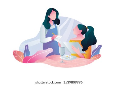 people sitting at tables in large hall and eating and vendors staying at counters. Men and women having lunch or dinner at food court. Colorful vector illustration in flat cartoon style.