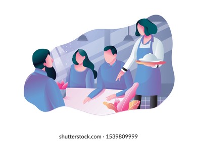 people sitting at tables in large hall and eating and vendors staying at counters. Men and women having lunch or dinner at food court. Colorful vector illustration in flat cartoon style.