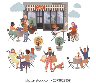 People sitting at tables in street cafe or restaurant. Visitors talking, eating and drinking at cafeteria vector illustration