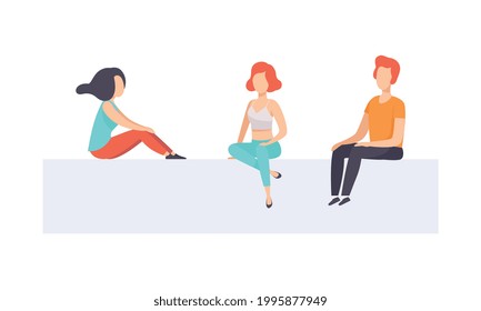 People Sitting and Talking, Group of Young Man and Woman in Casual Clothes Sitting on Isolated White Background