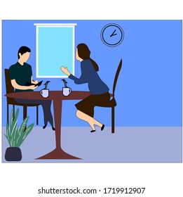Gente sentada y hablando en la ilustración conceptual de casa. Gente en casa en cuarentena. Ilustración de estilo plano vectorial