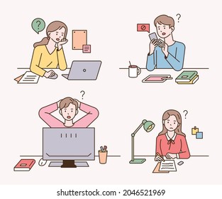 People Are Sitting At Their Desks, Searching For Things They Don't Know. Outline Simple Vector Illustration.