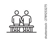 People sitting together on a park bench are depicted in this minimalist line art icon representing social connection and friendship.