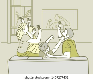 People sitting together on the sofa in the living room watching sports broadcasts excited. hand drawn style vector design illustrations.