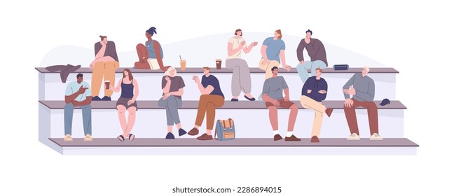 People sitting together, youth rest. Students on break talking, drinking coffee and eating. Group on bench, communication kicky vector scene