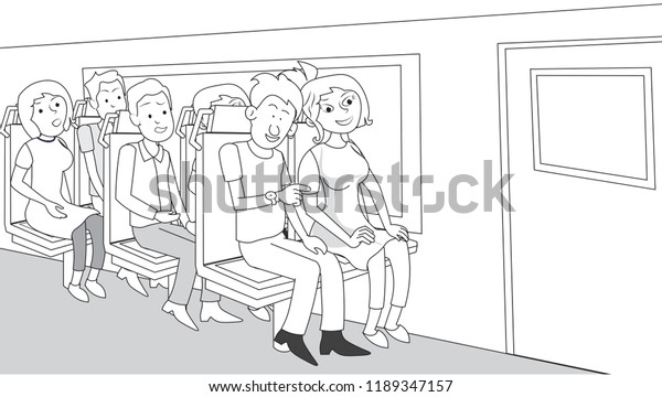 People sitting in train commuter modern rail car\
man woman passenger travelling boy person man casual watching\
looking at his wrist\
watch