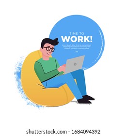 people sitting and using a laptop. puff vector, concept illustration with colored characters, Flat cartoon style, startup vector workspace, startup vector, entrepreneur work vector