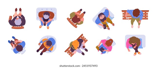 Personas que se sientan a la vista desde arriba. Personajes sentados a la vista de arriba, hombres y mujeres descansando en sillas, sillones o banco juego de Ilustración vectorial plana. Caricatura sentada personas vista superior