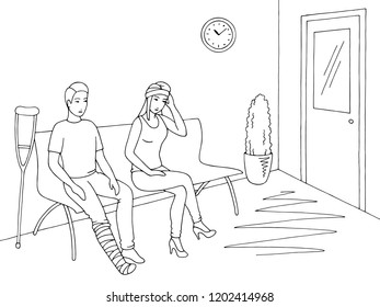 People sitting and waiting in line queue at the clinic corridor graphic black white interior sketch illustration vector