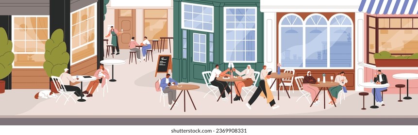 People sitting, waiting order on restaurant summer terrace. Table outside cafe, coffee shop, coffeehouse patio. City street panorama, urban facade with cafeteria windows. Flat vector illustration