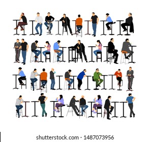 People sitting and waiting in public bar vector illustration. Friends drinking. Night club guests. Snack bar on the street. Break relaxation dating after work in restaurant. Urban life man and woman