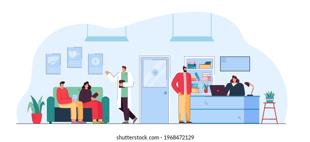 People sitting in waiting room of medical clinic. Flat vector illustration. Patients sitting on couch in reception area, talking with doctor and receptionist. Waiting, interior, medicine concept