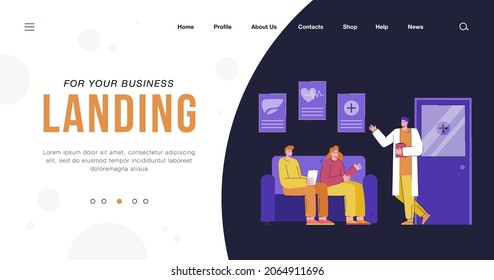 People sitting in waiting room of medical clinic. Flat vector illustration. Patients sitting on couch in reception area, talking with doctor and receptionist. Waiting, interior, medicine concept