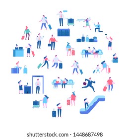 	
People sitting and walking in airport terminal. Infographics elements, banner or poster design arranged in circle shape. Business travel concept, travelling, vactaion. Flat vector illustration.