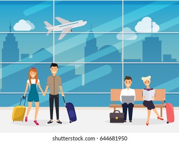 People sitting and walking in airport terminal. Airport. Travel and tourism. Flat design modern vector illustration concept.