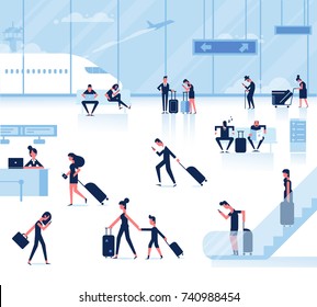 People sitting and walking in airport terminal. Infographics elements. Business travel concept. Flat vector background.