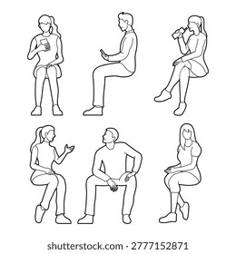 people sitting without chair set drawings outline architectural. men and women talking, drinking, relaxing. front and side view, black minimalist line art illustration.