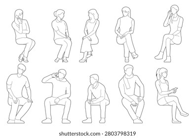 people sitting without chair set drawings outline architectural style. men and women talking, using phone, relaxing. front and side view, black minimalist continuous line art illustration.