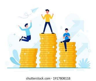 People sitting at work, standing rejoicing, jumping, on the rising pile of money, Overtime pay, Salaries, Extra income, Savings money, Icons on white background. Flat vector illustration.