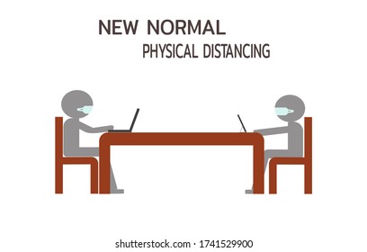 Gente sentada y trabajando lejos unos de otros para mantener la distancia. Nuevo distanciamiento físico normal. Pandemia de CVID-19.