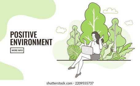 People sitting and working in nature. woman with laptop in stress-free atmosphere and conducive psychological climate. Happy employee working in positive environment and good conditions. vector