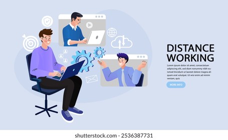 People sitting and working on a desk. Business Discussion.  Worker at table. Workflow in office manager or clerk. doing tasks. Vector cartoon illustration in a flat style.