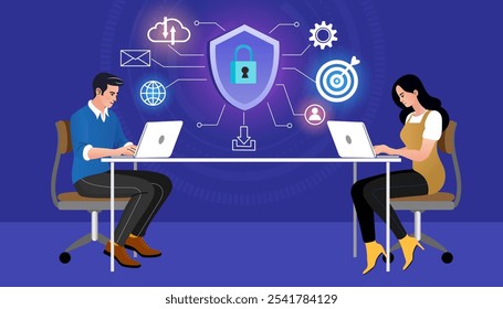 People sitting and working on a desk. Business Discussion. Worker at table. Workflow in office manager or clerk. doing tasks. Vector cartoon illustration in a flat style.
