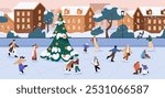 People skate around Christmas tree with garland on city square. Happy families with kids, couples, friends have fun on ice rink at Xmas, New Year. Outdoor winter activity. Flat vector illustration