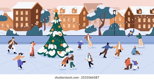 People skate around Christmas tree with garland on city square. Happy families with kids, couples, friends have fun on ice rink at Xmas, New Year. Outdoor winter activity. Flat vector illustration