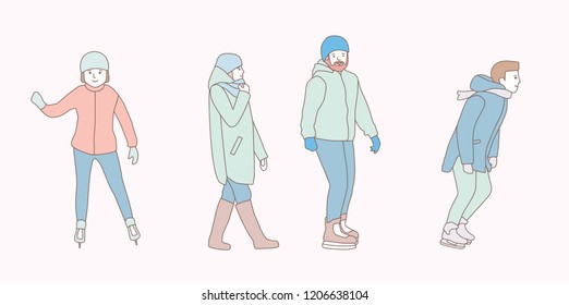 People skate at ice rink in park in the winter. Men, woman, couple. hand drawn style vector doodle design illustrations on white background.