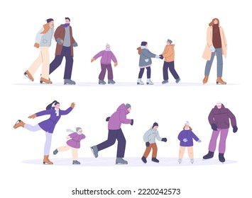 People skate on ice. Person skater, adults and children skates dancing. Flat happy fun winter man and woman. Cartoon kicky couples vector set