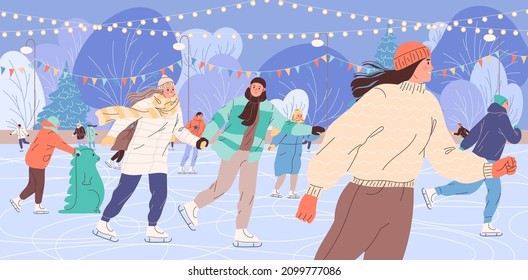 People skate on the ice rink in the winter evening