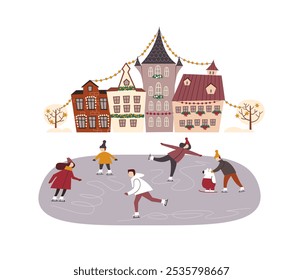 People skate on a skating rink in winter against the backdrop of houses decorated for Christmas. Vector winter illustration.