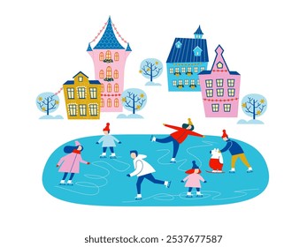 People skate on a skating rink in a winter city decorated for Christmas. Vector winter illustration background.