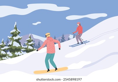 Die Leute laufen im Schnee Schlittschuh. Wintersport Erholung in den Bergen. Abstieg von den Bergen auf Ski, Snowboard. Vektorgrafik