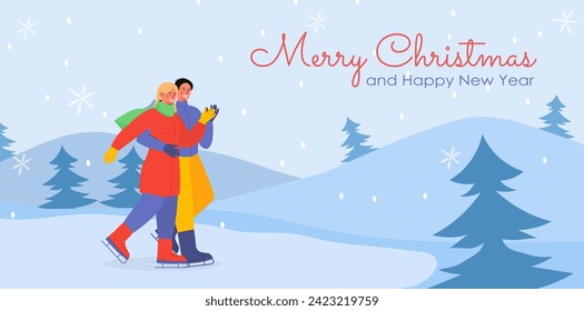People skate in winter concept. Merry Christmas and Happy New Year. Man and woman in cold and snow weather. Greeting postcard for Noel Eve. Natural landscape. Cartoon flat vector illustration