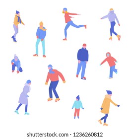 People skate, women, girls, men, children. Set of vector illustrations of people in a flat style isolated on white background.