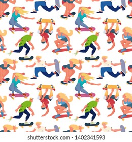 People skateboarders pattern. Flat vector seamless pattern. Cool peoples ride on skateboard. For textile, promo of goods for skateboarding sport. 