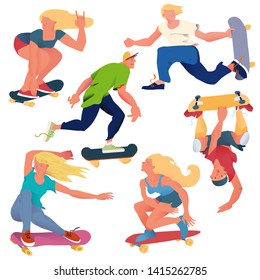 People skateboarders set. Flat vector stylish illustration. Cool people ride on skateboard. For social media, promo of goods for skateboarding sport. 