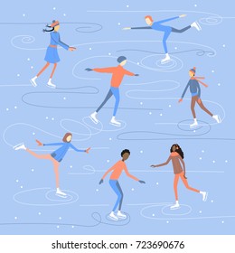 People skating and having fun on ice rink. Winter season sport illustration. Vector in eps8 format.