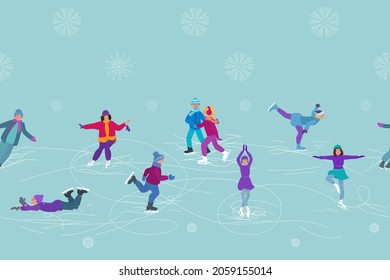 People skating. Horizontal seamless pattern. Winter repeating background. Vector illustration.