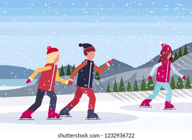 people skating ice rink winter sport activities snowy mountain fir tree forest landscape background full length profile flat horizontal vector illustration
