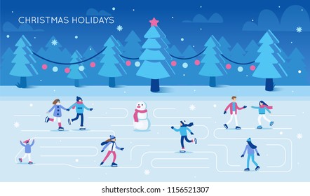 People skating on ice rink in winter season. Christmas holiday card. Flat style vector illustration.