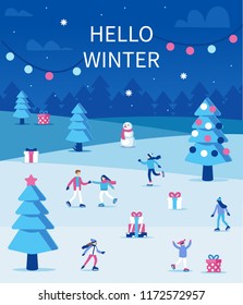 
People skating on ice rink in winter season. Christmas holiday card. Flat style vector illustration.