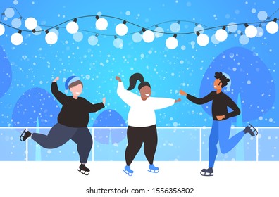 people skating on ice rink winter sport activity recreation at holidays concept mix race friends spending time together snowfall landscape background full length horizontal vector illustration