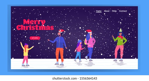 people skating on ice rink winter sport activity recreation at holidays concept mix race friends spending time together snowfall landscape background full length horizontal freeting card vector