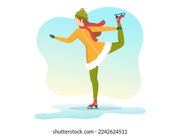 People Skating on Ice Rink Wearing Winter Clothes for Outdoor Activity or Sports Recreation in Flat Cartoon Hand Drawn Templates Illustration