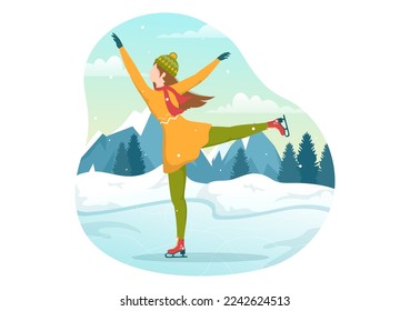 People Skating on Ice Rink Wearing Winter Clothes for Outdoor Activity or Sports Recreation in Flat Cartoon Hand Drawn Templates Illustration